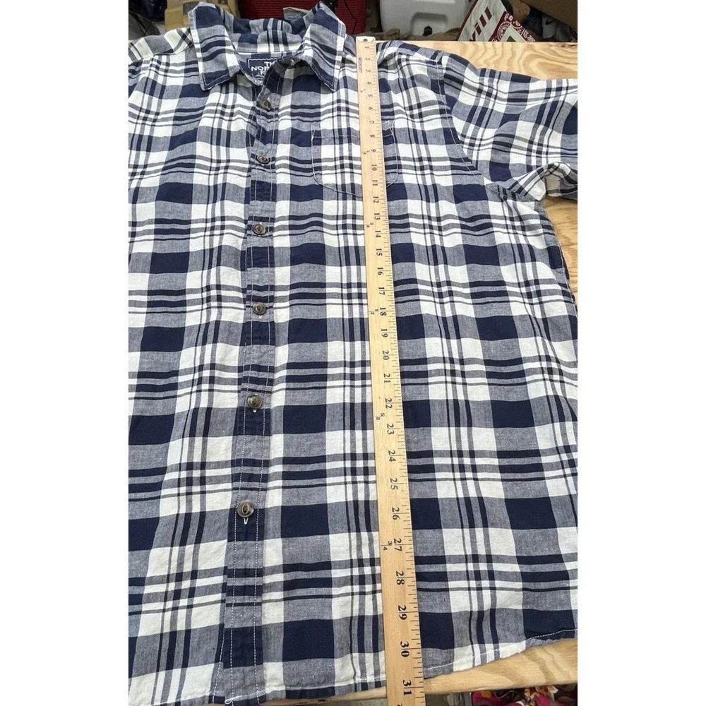 The North Face Linen Blend Button Down Shirt XXL Blue Plaid Collared Outdoor